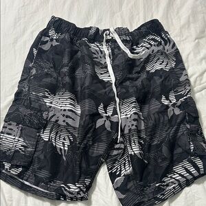 Black and White Floral Men's Swim Shorts